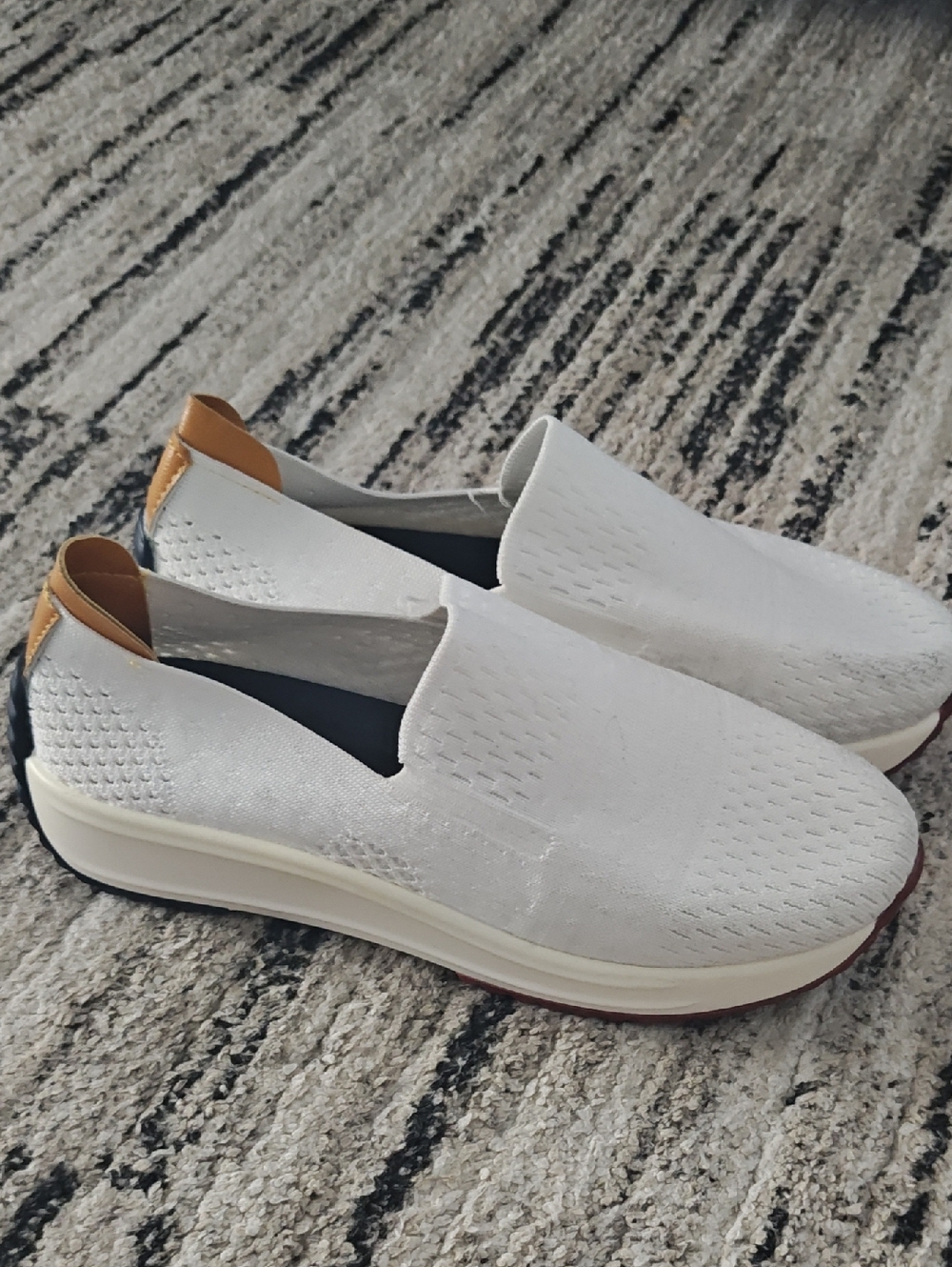 Women’s Slip-On Knit Sneakers in White with Tan Heel Tab